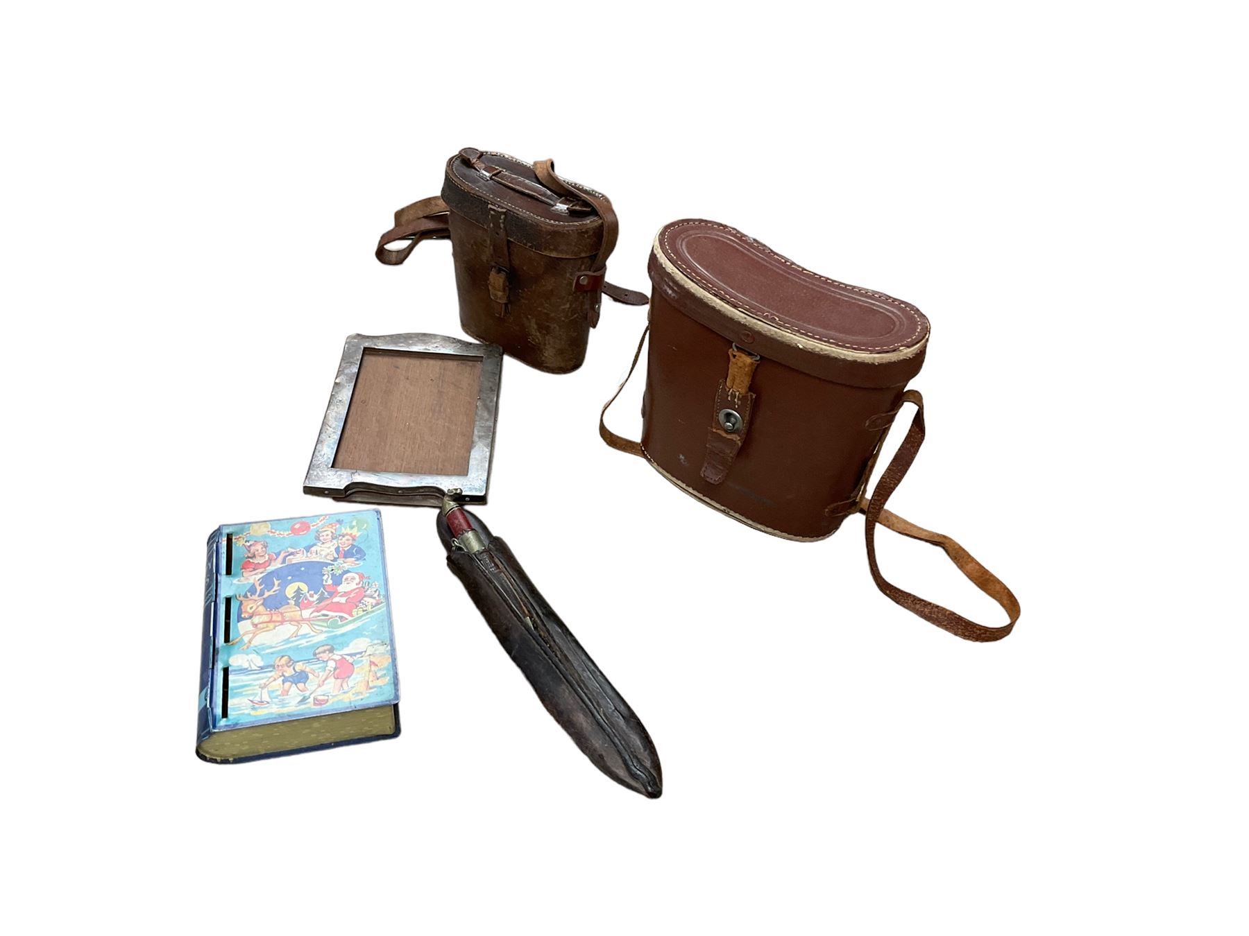 Two pairs of binoculars, silver mounded photograph frame, two knives, and Happy Days tin money box