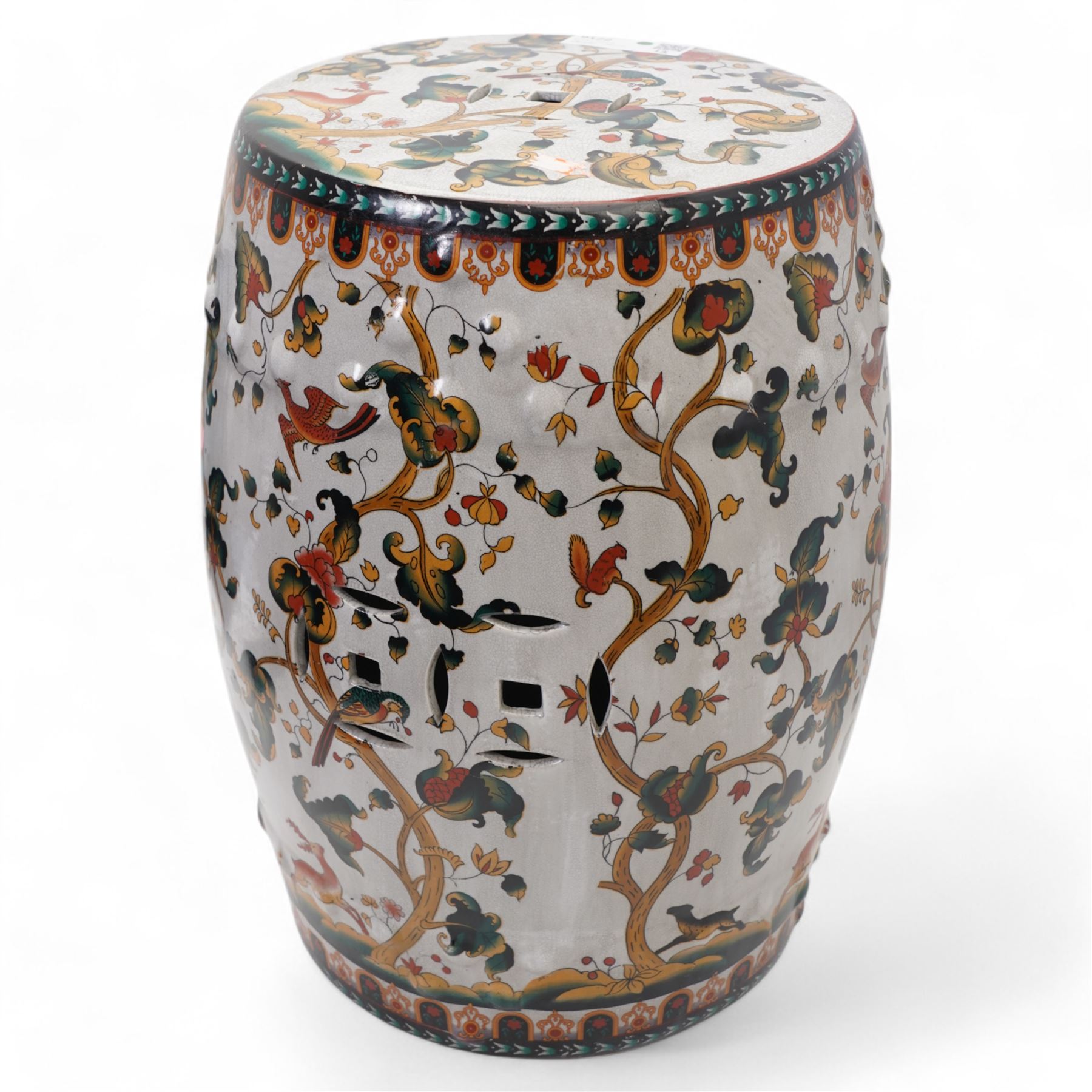 Chinese ceramic garden seat, decorated with forest scenery, with birds and deer, H45cm