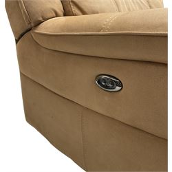 Electric reclining three-seat sofa (W213cm, H100cm) and matching armchair (W109cm) upholstered in brown fabric