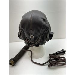 British RAF Flying Helmet complete with AM marked headphones and wiring loom with jack plug, with oxygen mask 