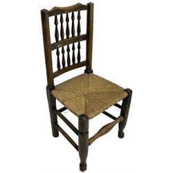 Collection of chairs - five 19th century elm spindle back chairs with rush seats; two chapel chairs (7)