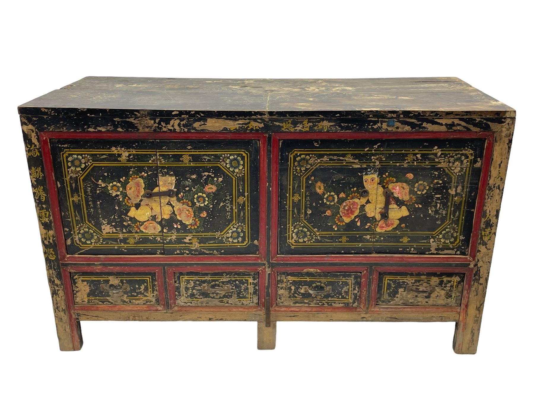 19th century Chinese Qing dynasty painted elm cupboard, Shanxi province, two double cupboards enclosed by doors painted with figure and flower heads, fitted with four small drawer, on stile supports 