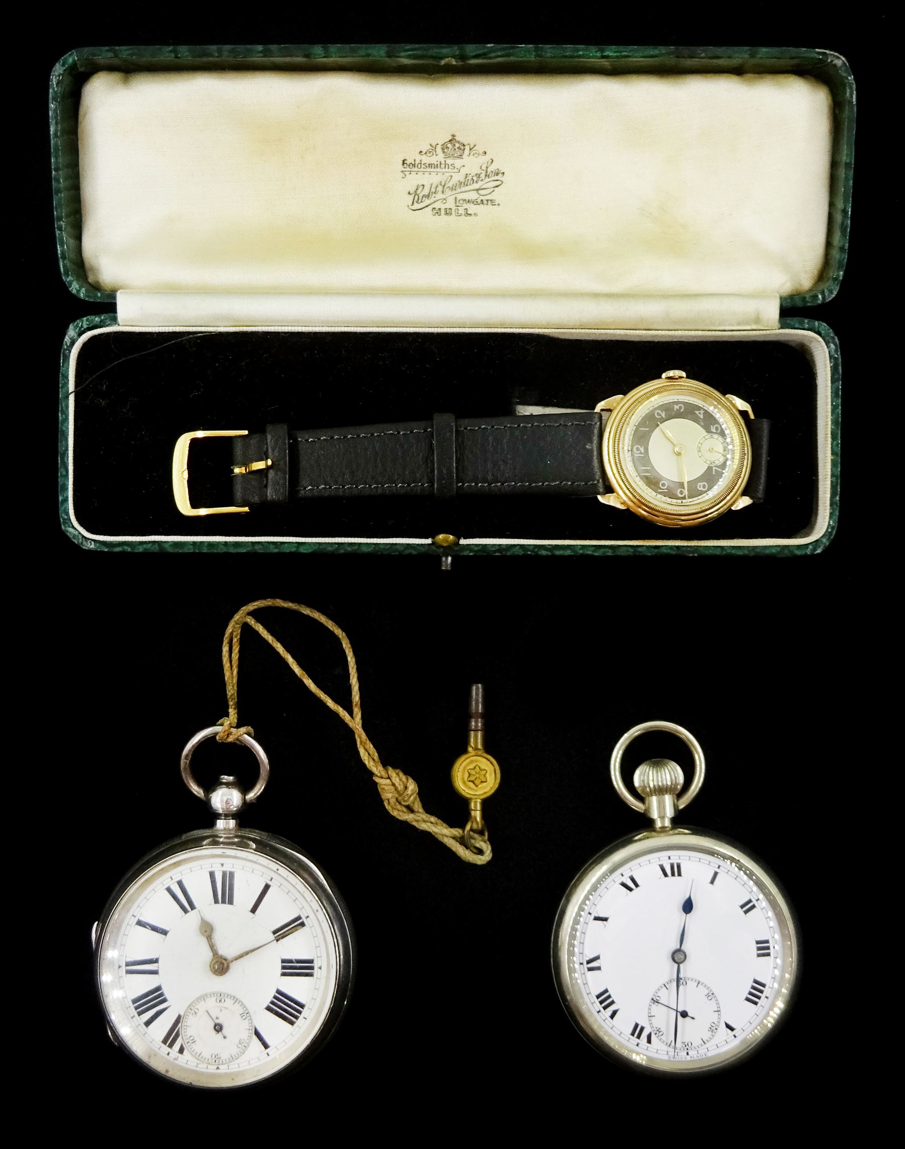 9ct gold manual wind wristwatch, Chester 1943, the back case with engraved initials, Victorian silver lever pocket watch, case by Charles Cooke, Chester 1890 and a Military issue pocket watch,  screw back case with issue markings ^ B39693