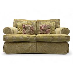 Contemporary two-seat sofa, upholstered in damask fabric with a pale gold floral pattern, ...