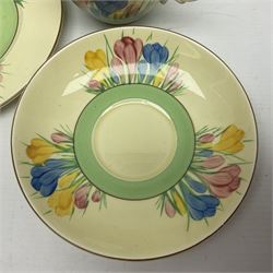 Clarice Cliff trio and plate in Spring Crocus pattern, all with printed mark beneath, plate D25cm 