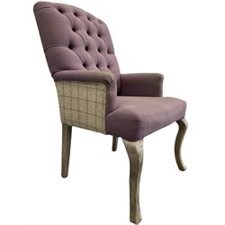 Voyage - four high back armchairs upholstered in buttoned lilac and tweed fabric, painted cabriole legs