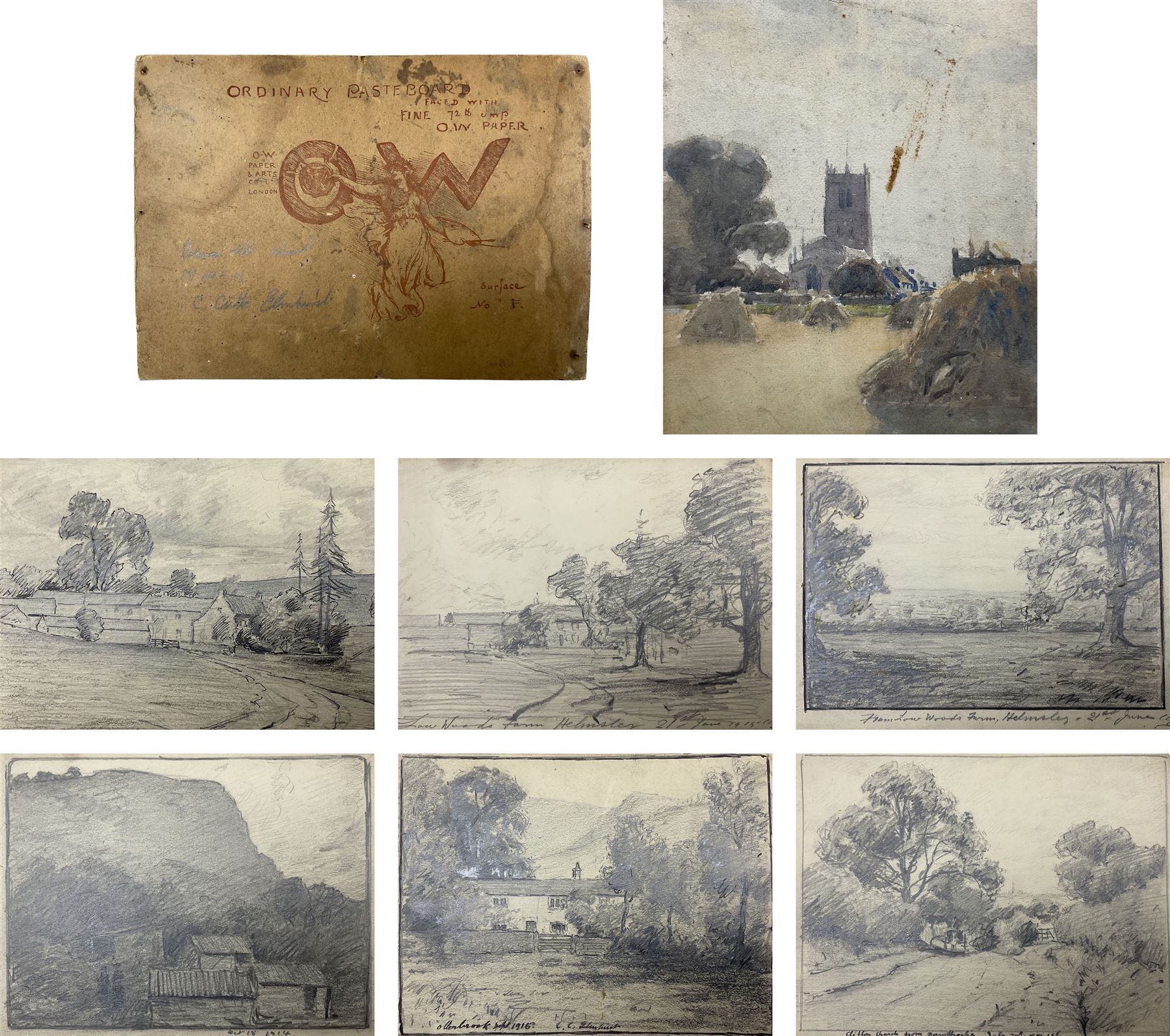 Charles Cutts Elmhirst (Staithes Group 1872-1937): Artist’s Sketchbook, Landscapes around Thorne and Helmsley, comprising eight pencil sketches and a watercolour of Thorne Church, variously signed titled and dated, disbound, overall 18cm x 25cm