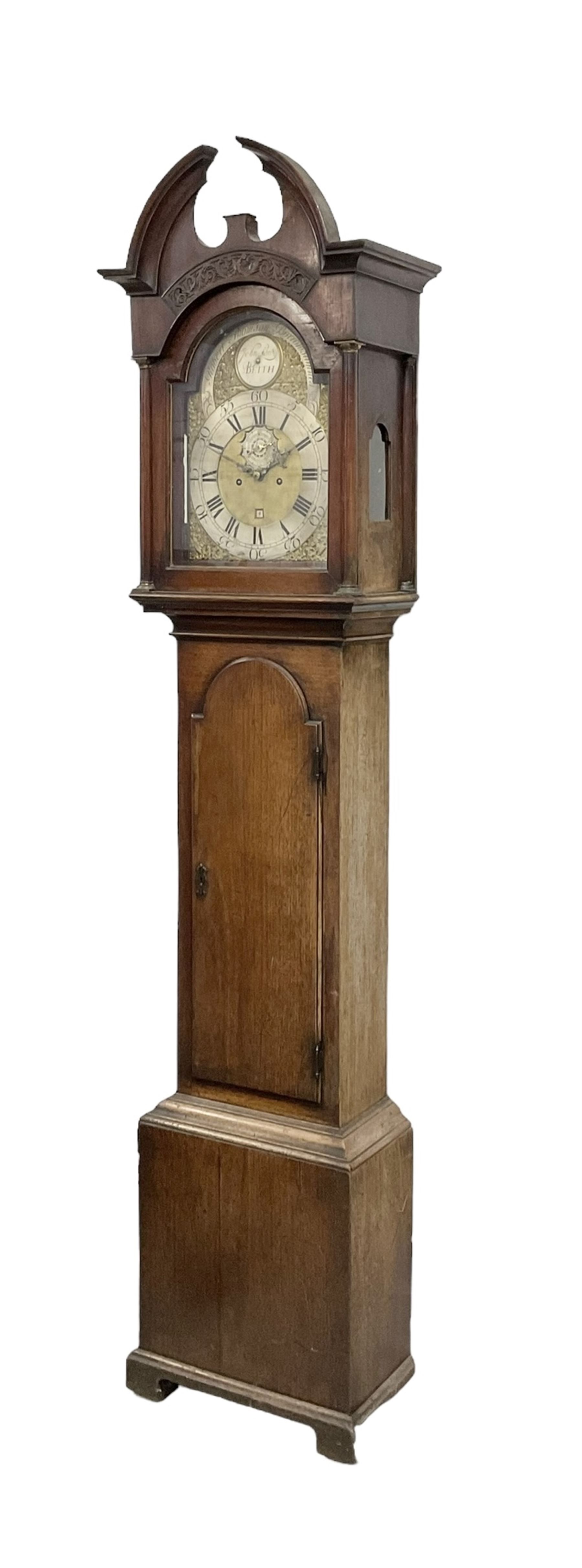 Late 18th century - 8-day Scottish mahogany longcase clock, with a broken arch pediment and blind fretwork beneath,  break arch hood door with attached pilasters and brass capitals,  trunk with a long door and break-arch top, rectangular plinth raised on plain bracket feet, brass dial with a matted dial centre, cast spandrels, pierced steel hands, recessed silvered seconds dial and square date aperture,  the names of John Law of Beith & Robert Thomson of Borrowstonnes (Bo'ness)  engraved separately on a silvered boss and cartouche ring in the dial arch, dial pinned directly to a rack striking two train weight driven movement, striking the hours on a bell. With weights and pendulum.


