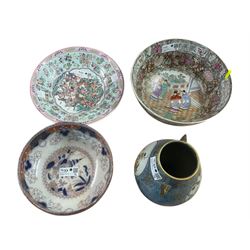 Modern Cantonese punch bowl, similar charger, two-handled Chinese vase, English imari pattern pedestal bowl (4) 