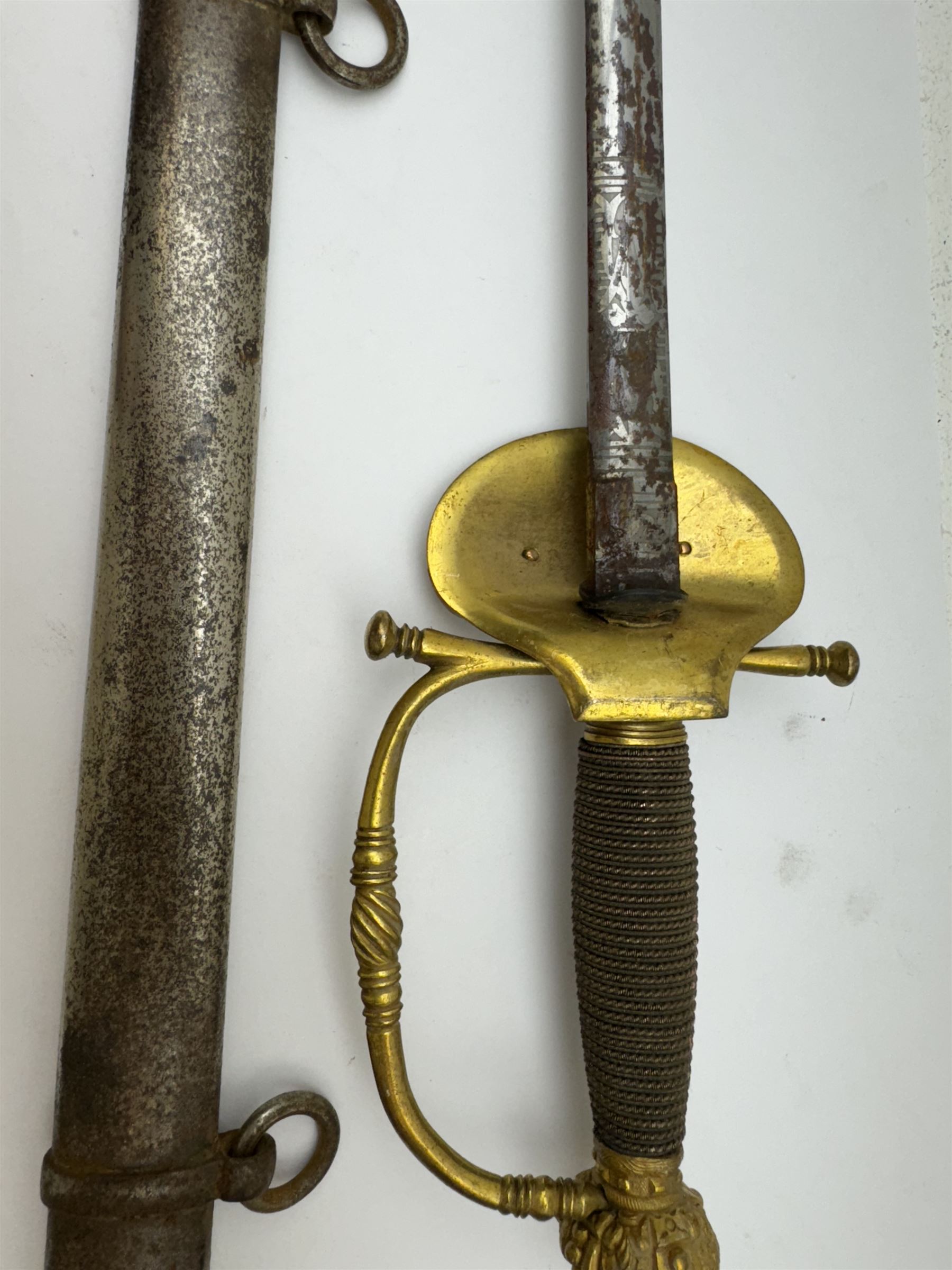 British Victorian court sword, the L79cm straight narrow blade with etched decoration and marked Hill Brothers -3- Old Bond St London, in steel scabbard, L100cm 