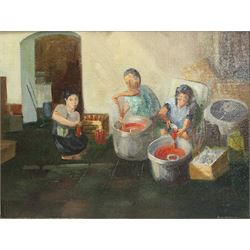 Gordon Clifford Barlow (British 1913-2005): 'Making Tomato Puree', oil on board signed, inscribed verso 39cm x 52cm