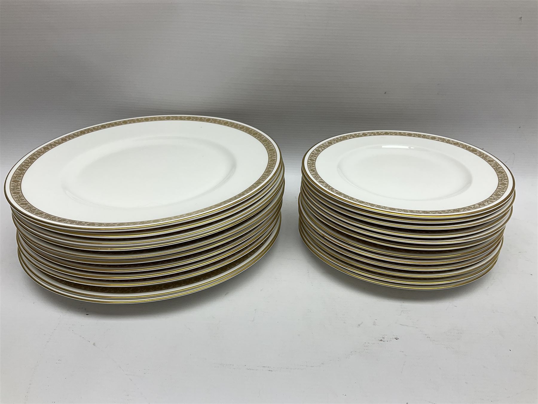 Royal Worcester Golden Anniversary pattern dinner wares, including ten dinner plates, twelve side plates, eight twin handled bowls and saucers, covered tureen (55)