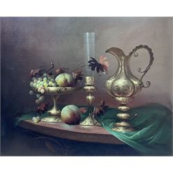 Jozsef Molnar (Hungarian 1939-): Still Life of Fruit and Brassware, oil on canvas signed 50cm x 60cm