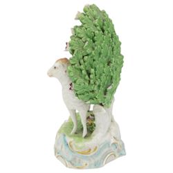 19th century Derby style porcelain model of a ram, stood before a bocage on scroll base, H15cm, pair of Faience candlesticks, another Faience candlestick, 19th century porcelain basket, hand painted with floral sprays, L18cm and a Royal Doulton jug designed by Frank Brangwyn etc (7)