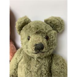 Two 1950s coloured teddy bears - Farnell type in faded greeny/grey coloured wool type plush with applied eyes, vertically stitched nose and mouth and jointed limbs with felt pads H17