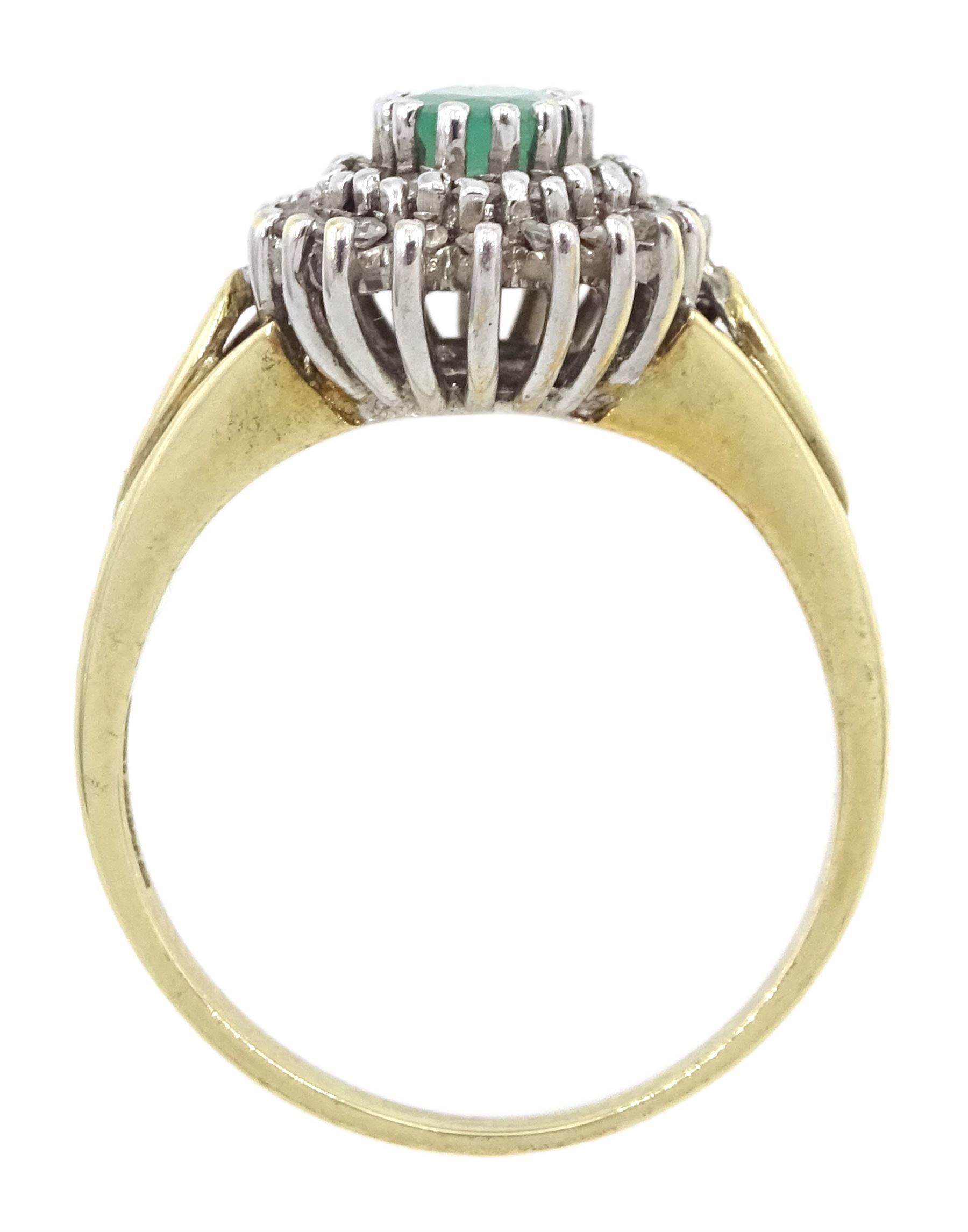 9ct gold oval cut emerald and two row, round brilliant cut diamond cluster ring, hallmarked