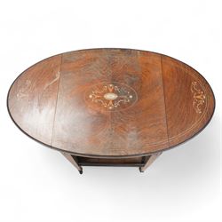 Edwardian inlaid rosewood occasional centre table, oval drop-leaf top inlaid with central fan and extending foliate motifs, fitted with single drawer, on square tapering supports united by galleried undertier, on brass castors 