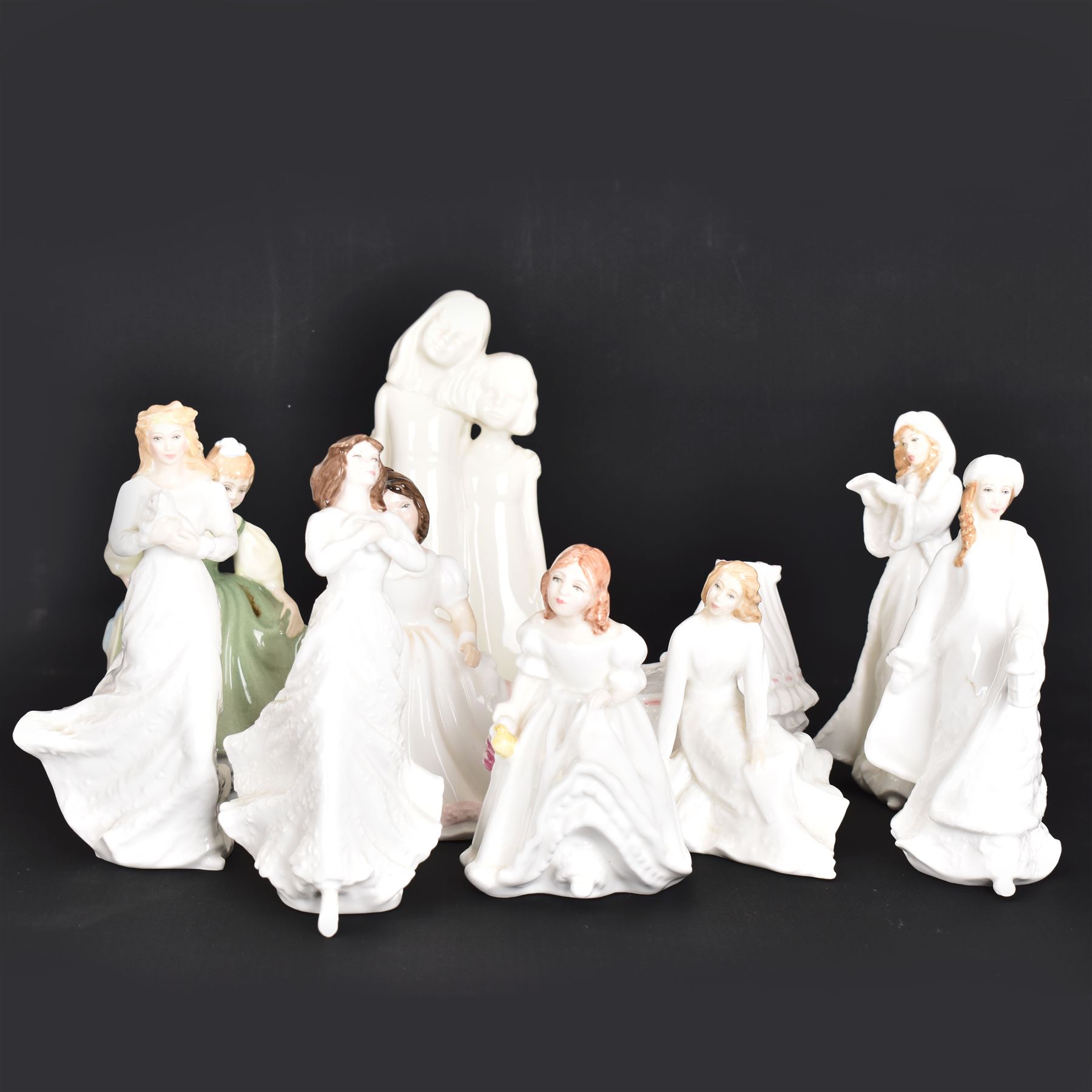 Eight Royal Doulton figures, including Fair Maiden, Across the Miles, Christmas Carols etc together with two Royal Worcester figures   