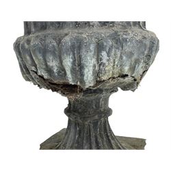 Pair of 19th century lead Campana shaped garden urns, egg and dart moulded rim, tapered fluted body over gadrooned underbelly, tapered and fluted foot on moulded square base 