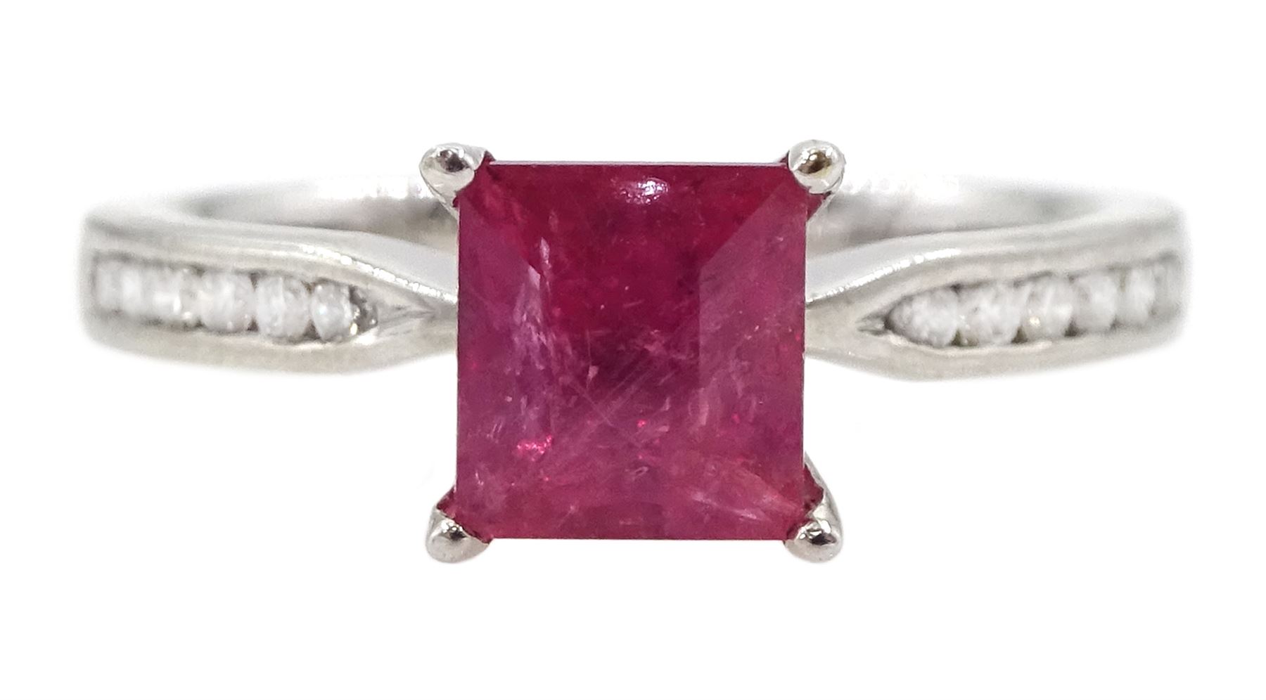 18ct white gold square cut ruby ring, with round brilliant cut diamond set shoulders, hallmarked, ruby approx 1.25 carat