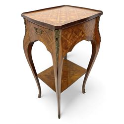 Late 20th century French design Kingwood lamp table, shaped form with geometric parquetry inlaid top within band and raised lip, fitted with single drawer and slide, on cabriole supports united by undertier, decorated with ornate cast gilt metal mounts and terminal caps 