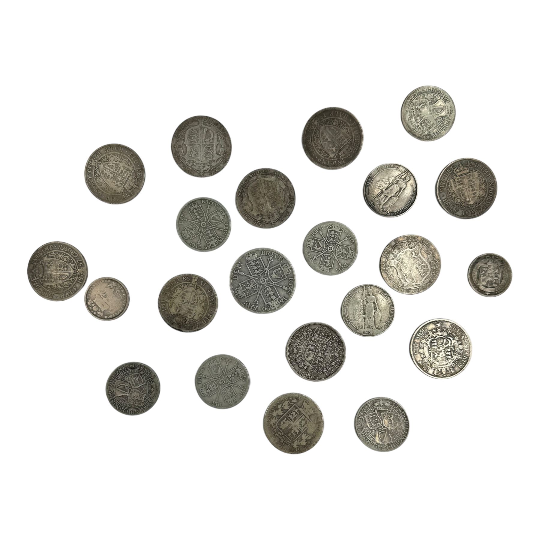 Approximately 270 grams of Great British pre 1920 silver coins, including George III 1817 halfcrown, Queen Victoria 1890 double florin, King Edward VII 1907 standing Britannia florin etc