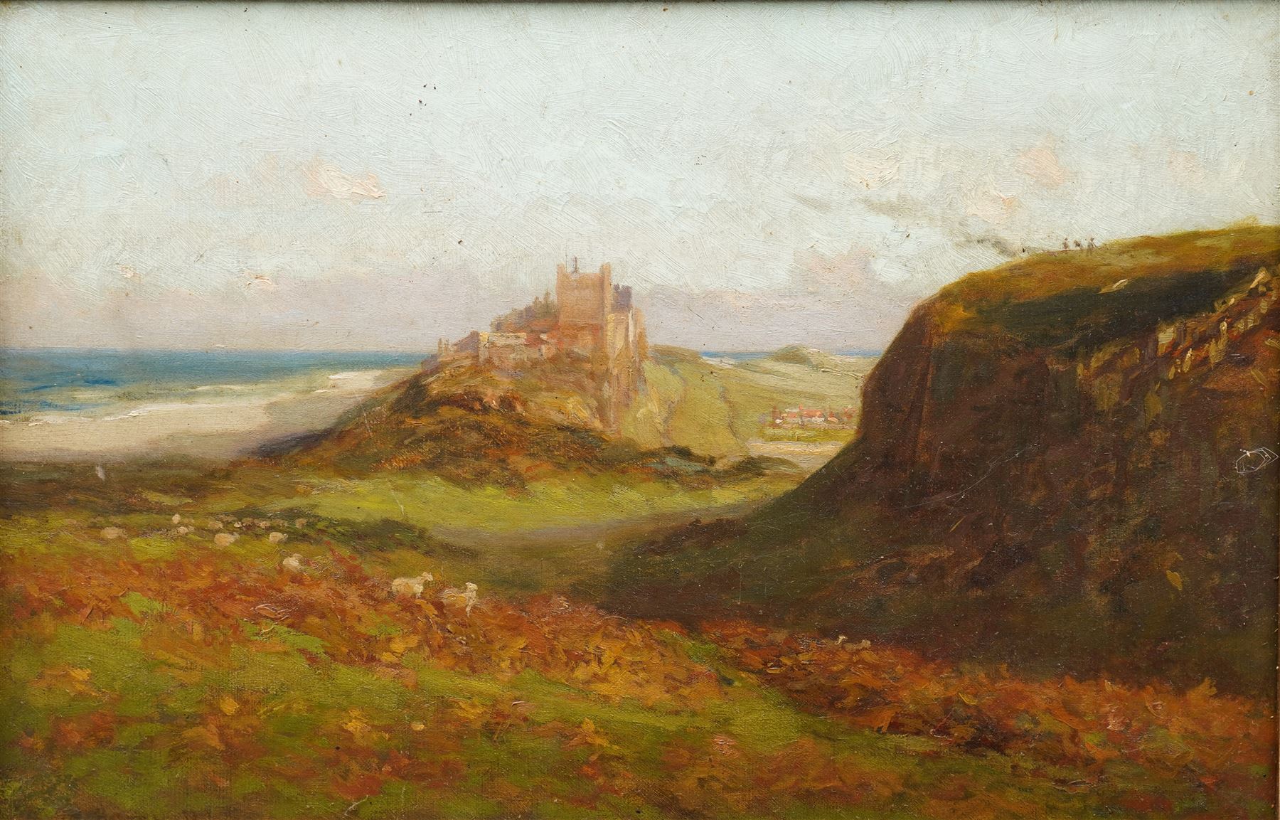 Harry Hine (British 1845-1941): 'Bamburgh Castle', oil on canvas unsigned 29cm x 43cm