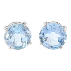 Pair of 9ct white gold round cut sky topaz stud earrings, hallmarked