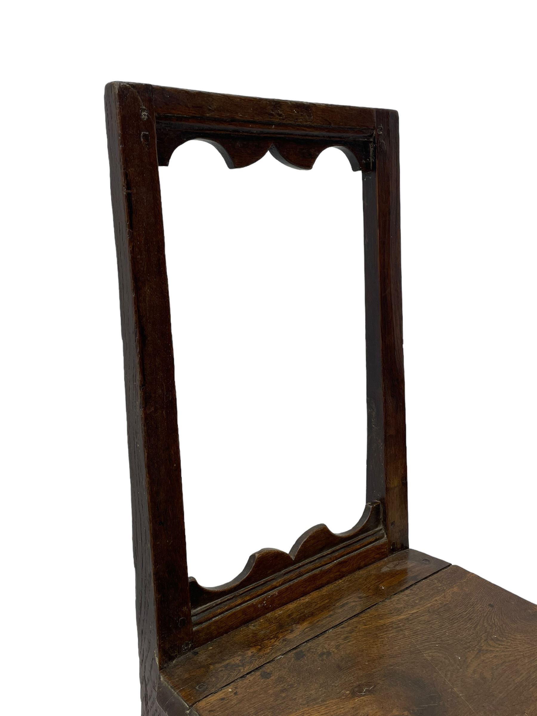 Small late 17th century oak side chair, open frame back with shaped upper and lower brackets, moulded plank seat, on turned supports united by moulded H-shaped stretchers