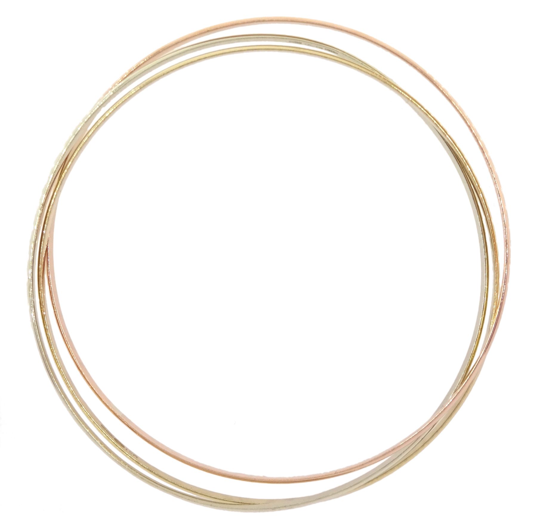 9ct rose, white and yellow gold bangle, hallmarked