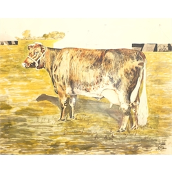 R Farl (British mid 20th century): Portrait of a Dairy Cow, watercolour and ink signed and dated 1935, 50cm x 63cm