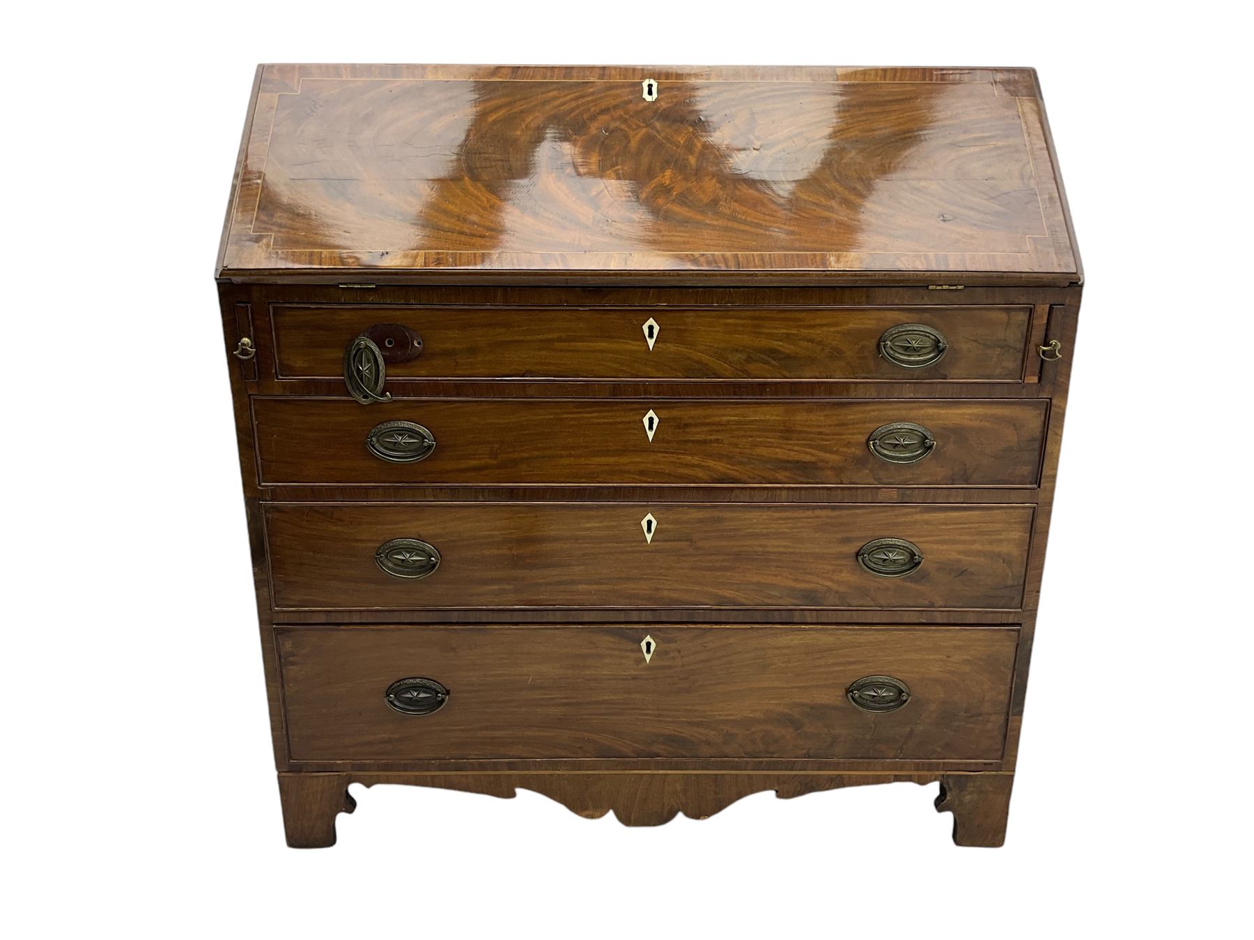 George III mahogany bureau, hinged fall front enclosing satinwood interior fitted with cupboard, drawers and pigeon holes, four long graduating cock-beaded drawers, bone escutcheons, shaped apron on bracket feet 