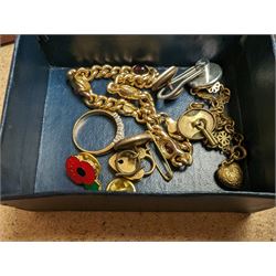 Collection of costume jewellery, including gold plated curb link bracelet, pin badges, charms, rings and jewellery boxes, together with an Edwin Blyde pewter hip flask etc 