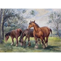 Manner of Rosemary Sarah Welch (British 1946-): Shire Horses Grazing, watercolour unsigned...