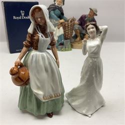 Five Royal Doulton figures, comprising The Milkmaid HN2057, New Baby HN 3713, With Love HN3393, Old Meg HN2494 and Beachcomber HN2487