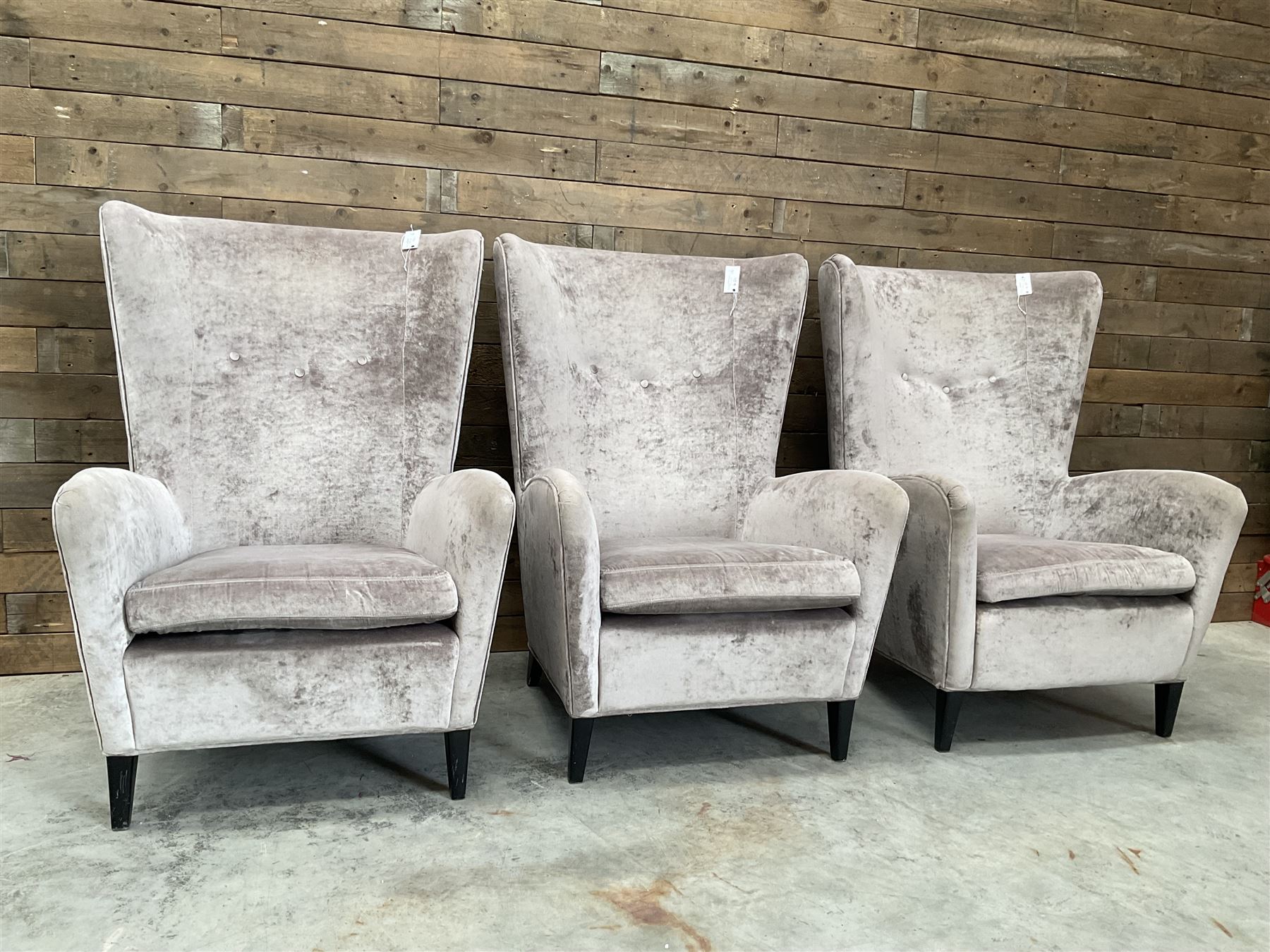 4 x Wing back armchair upholstered in silver crushed velvet fabric