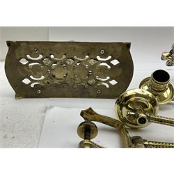 Brass letter rack, with two divisions, the pierced front and back modelled as a flowering urn hung with floral swags, H18cm, together with a pair of gilt metal extendable candle sconces, fully extended L50cm