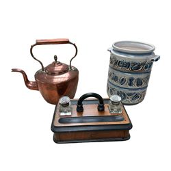 Copper kettle, together a desk stand with ink wells etc 