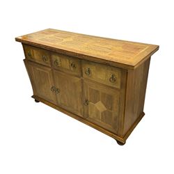 Barker & Stonehouse ‘Flagstone’ range mango wood sideboard, fluted rectangular top above three drawers and three cupboards with geometric inlay, on bun feet