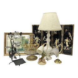 Soapstone table lamp, with carved floral stem, together with three other table lamps, metal candelabra and candlestick, Charles Burton Barber framed print and a Chinese table screen etc 