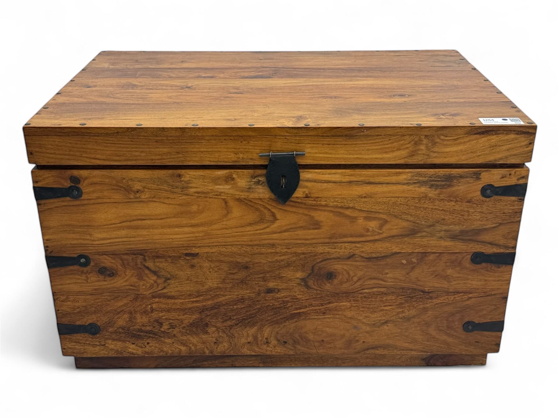 Hardwood and metal bound chest, enclosed by hinged lid, fitted with metal carrying handles