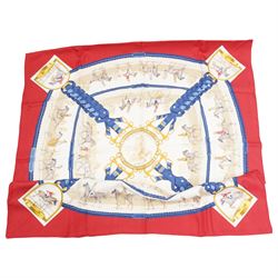 Hermes 'Les Allures du Cheval' silk scarf, in the red, blue and cream colourway, designed ...