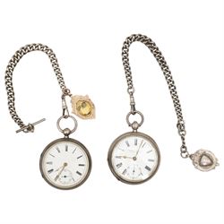 Two Victorian silver open face lever pocket watches, both on silver Albert chains, one wit...