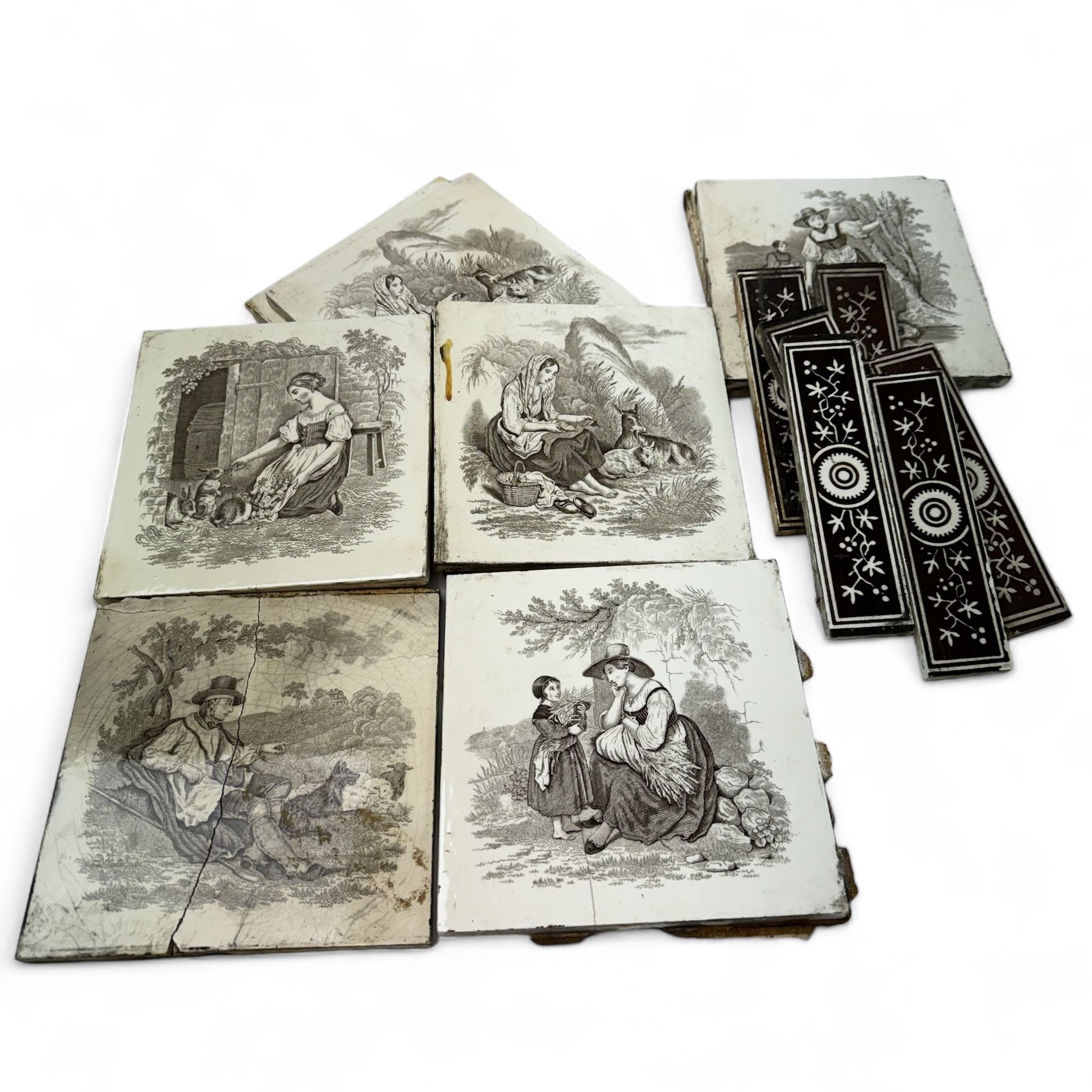 Eight Minton China Works tiles, each transfer printed with village and farming scenes, together with six brown and white floral spacing tiles, Minton tiles 15cm x 15cm