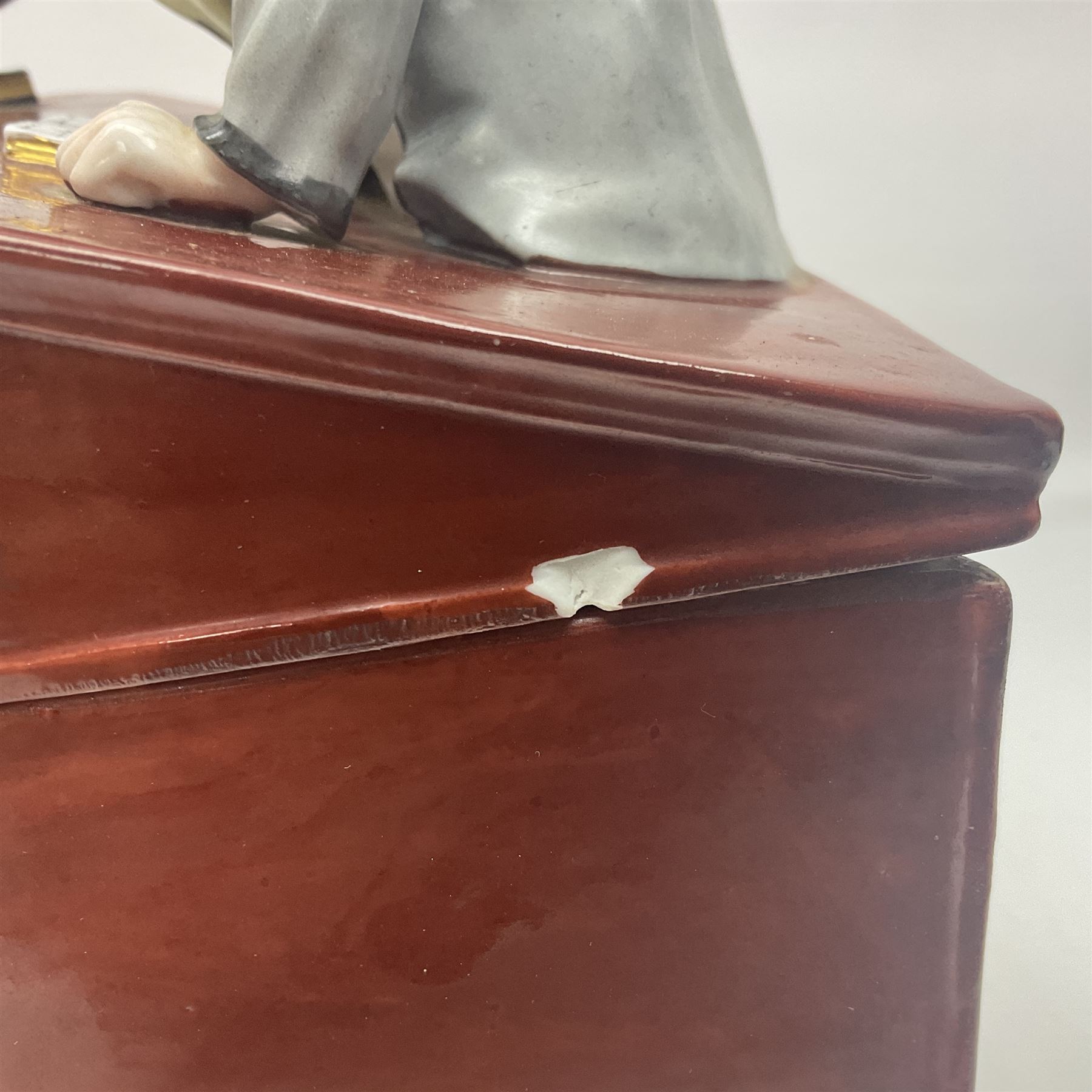 19th century Continental jar and cover, modelled as a classroom, with the teachers desk as the cover, H27cm