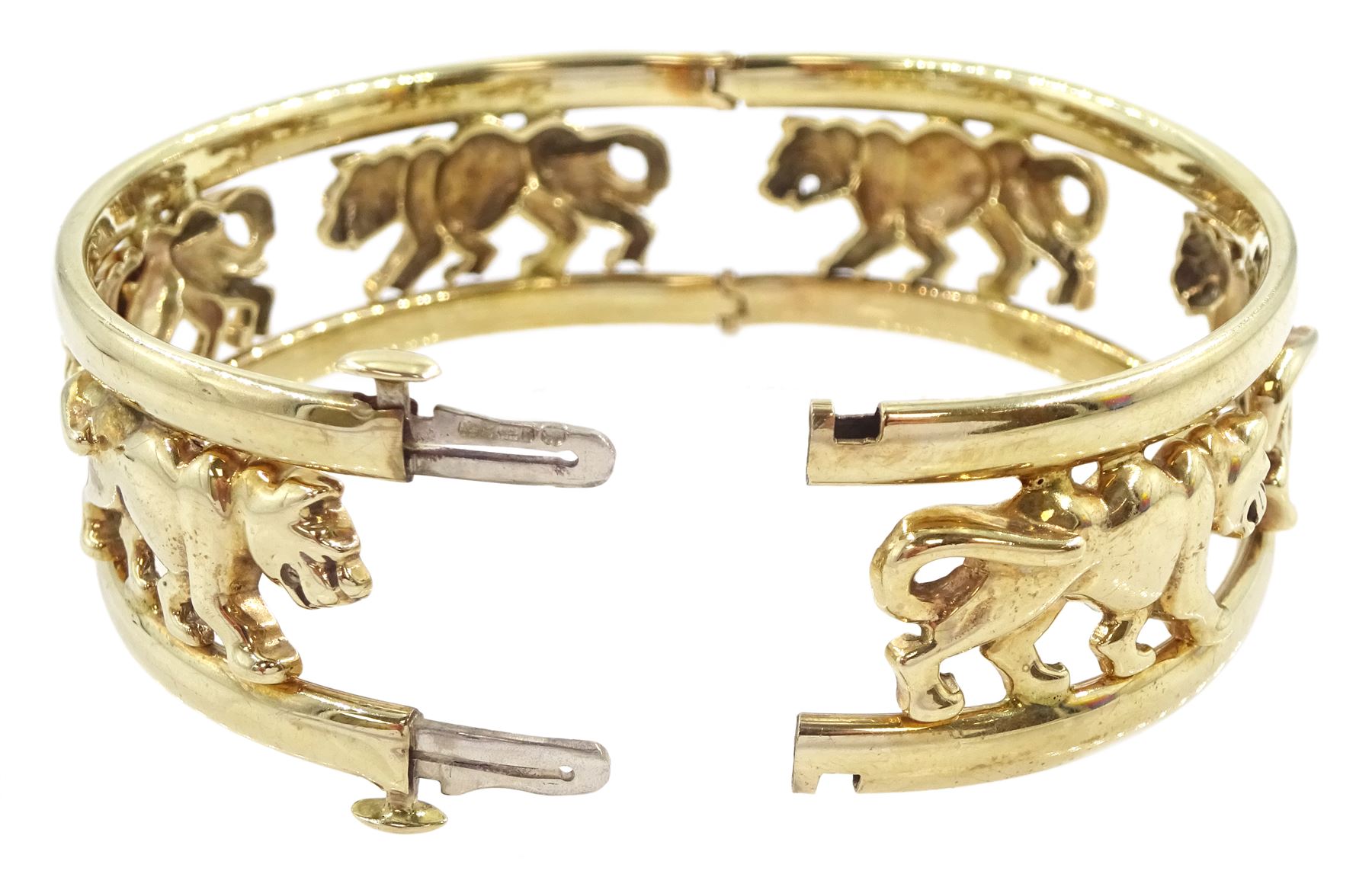 9ct gold leopard design hinged bangle, Sheffield import mark 1995