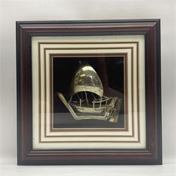 Framed Omani silver dhow sailing boat and a necklace and earring set, both in hinged wooden frames, max frame H33cm