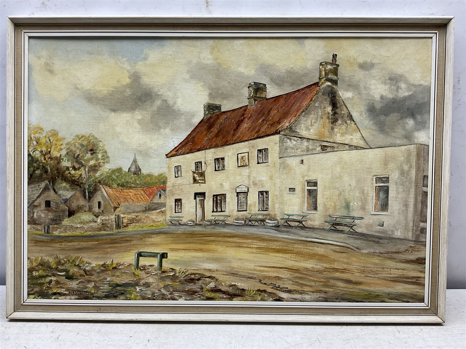 N C Hanson (British 20th century): ‘Picnic on the Esk - Ruswarp’, oil on board signed, titled verso 45cm x 60cm; Barbara Whitmore (Whitby 20th century): 'The Wilson Arms - Sneaton', oil on board signed, titled verso 49cm x 74cm (2)