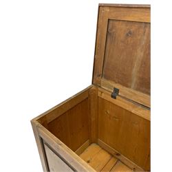 19th century pine blanket chest, double panelled hinged lid over panelled front and sides, on bracket feet