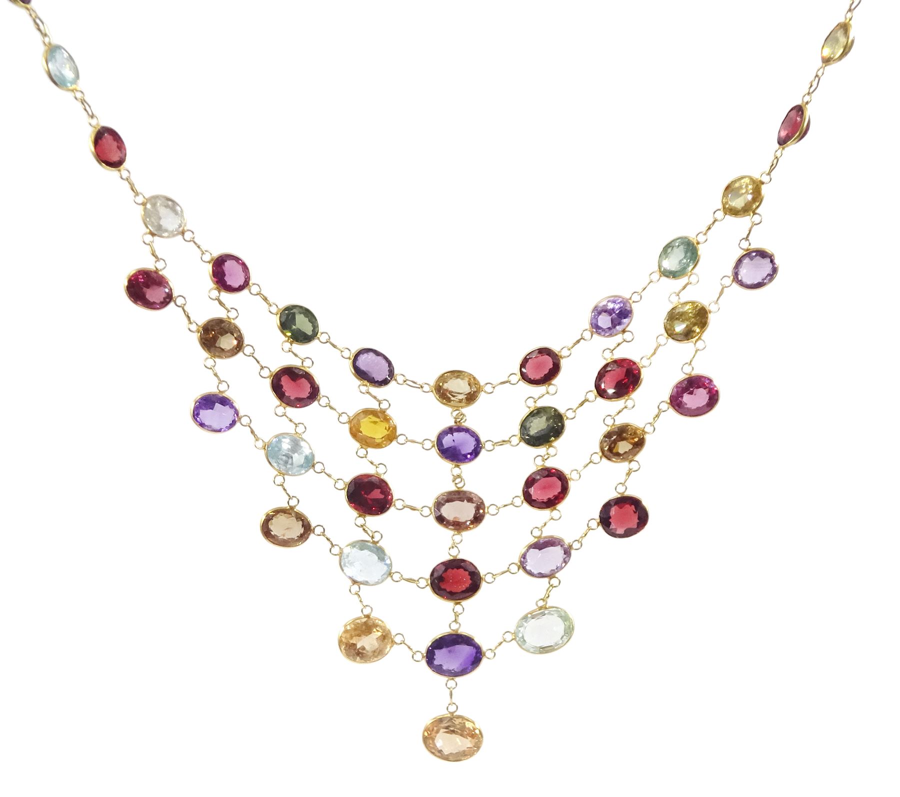 14ct gold multi gemstone set fringe necklace, including amethyst, topaz and garnet